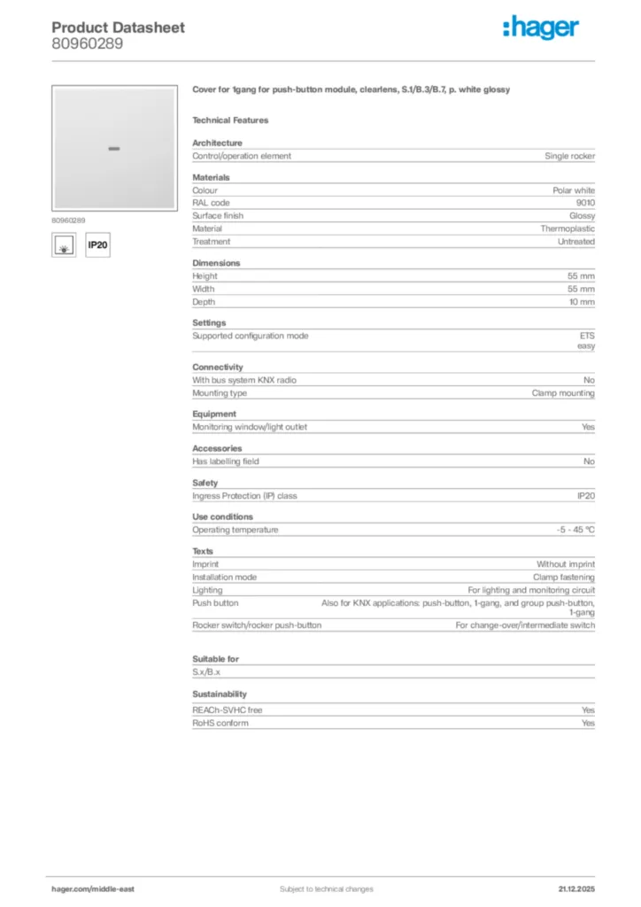 Image Hager Product data sheet 80960289  | Hager