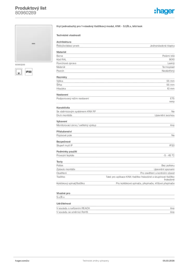 Obrázek Hager Product data sheet 80960289 | Hager