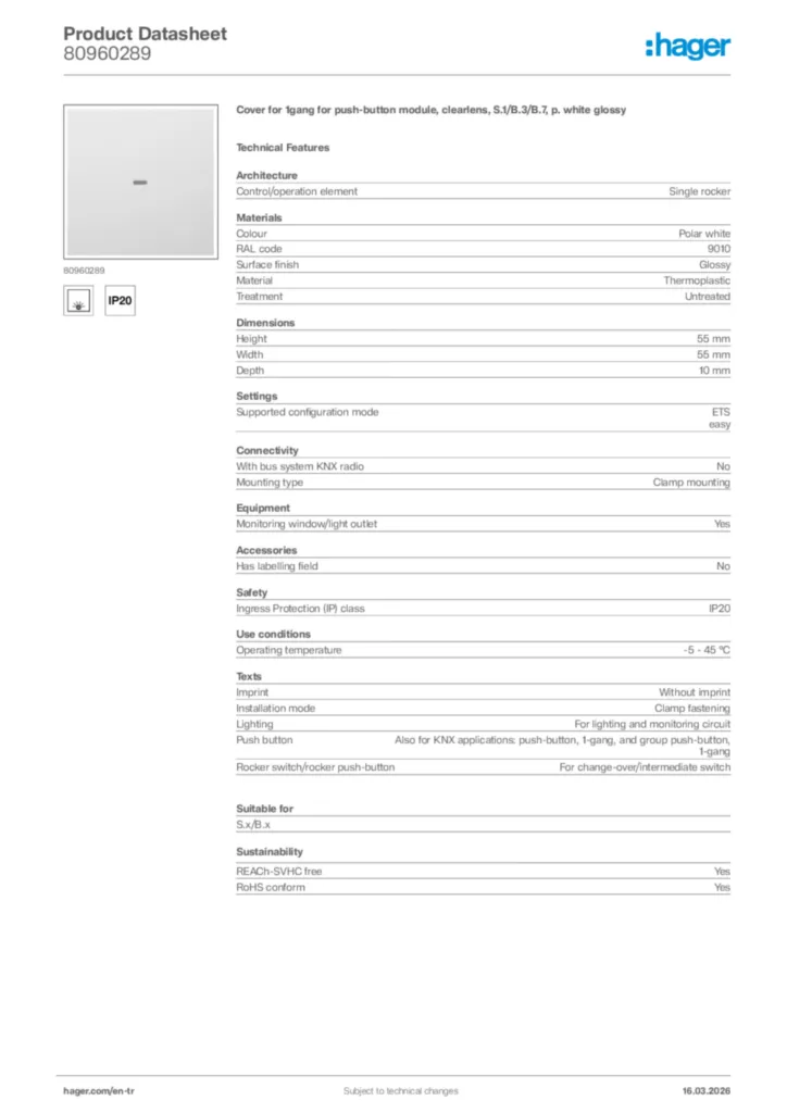 Image Hager Product data sheet 80960289  | Hager