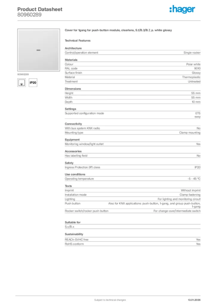 Image Hager Product data sheet 80960289  | Hager