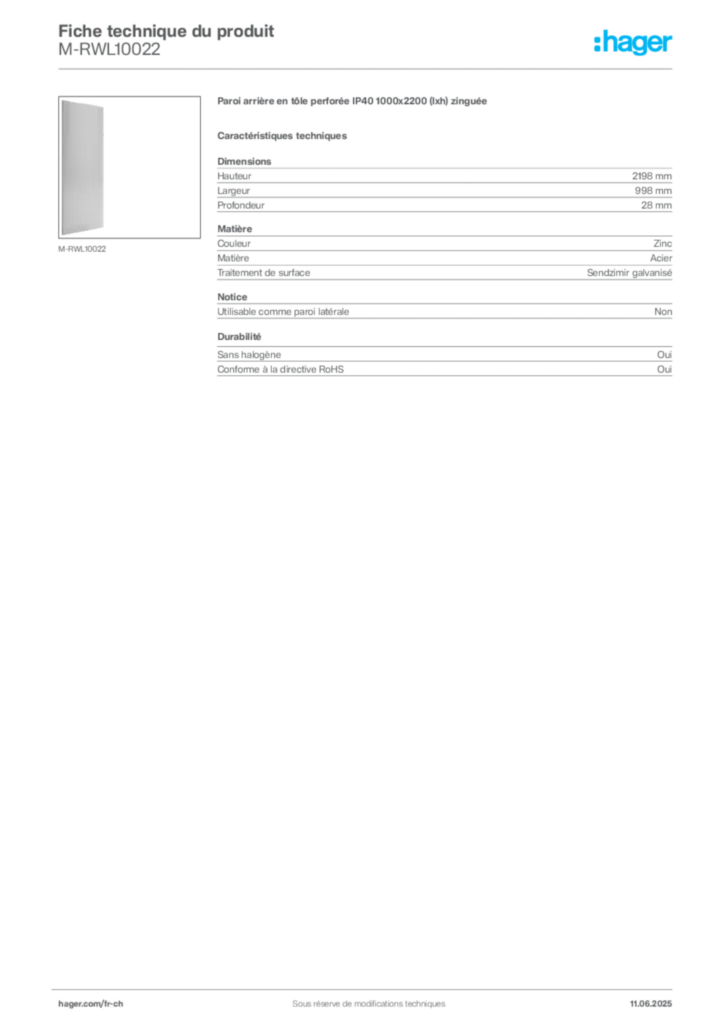 Image Hager Fiche technique du produit M-RWL10022 | Hager Suisse