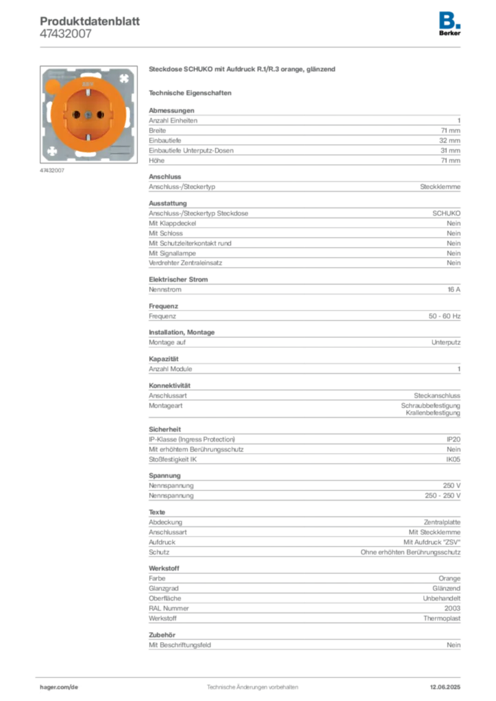 Berker Produktdatenblatt 47432007