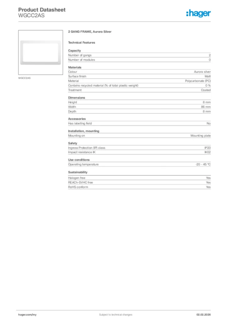 Image Hager Product data sheet WGCC2AS  | Hager