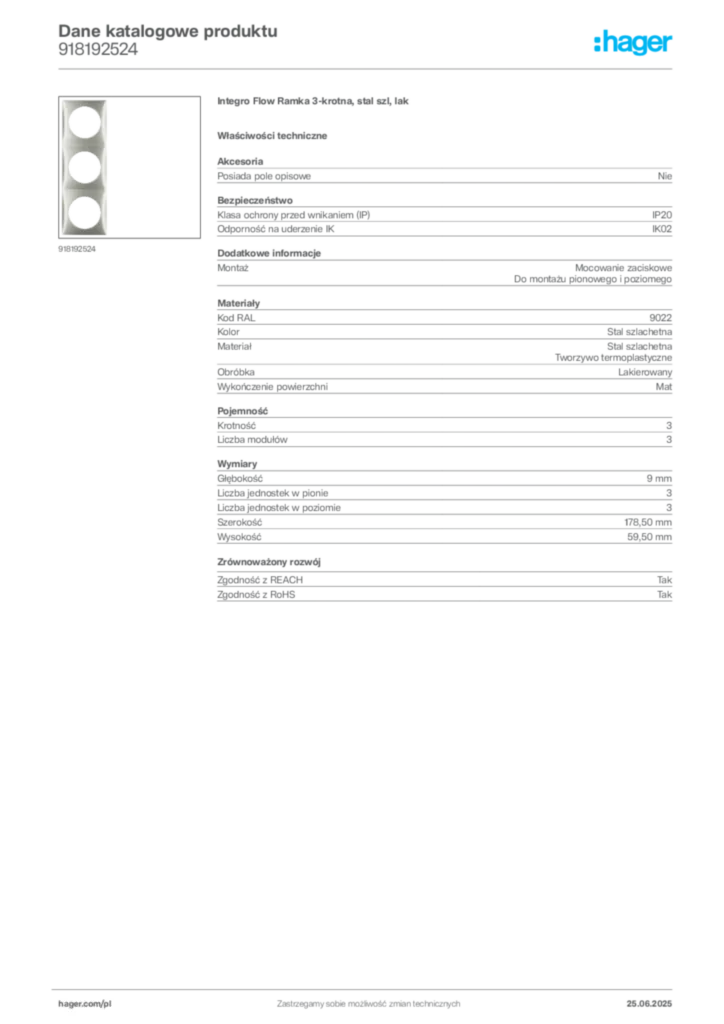 Zdjęcie Hager Dane katalogowe produktu 918192524 | Hager Polska