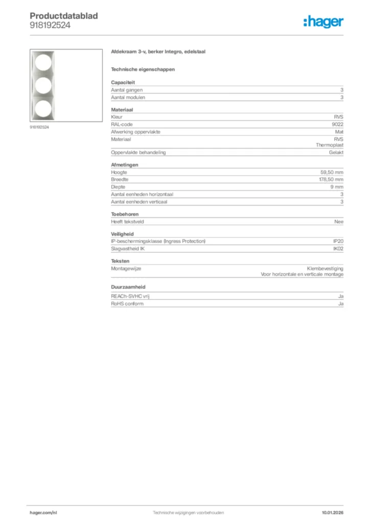 Afbeelding Hager Productdatablad 918192524 | Hager Nederland