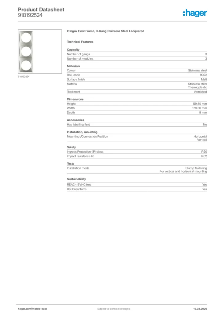 Image Hager Product data sheet 918192524  | Hager