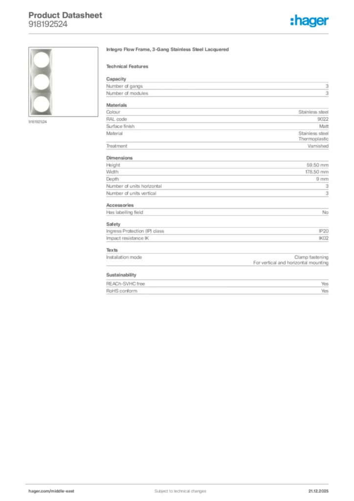 Image Hager Product data sheet 918192524  | Hager