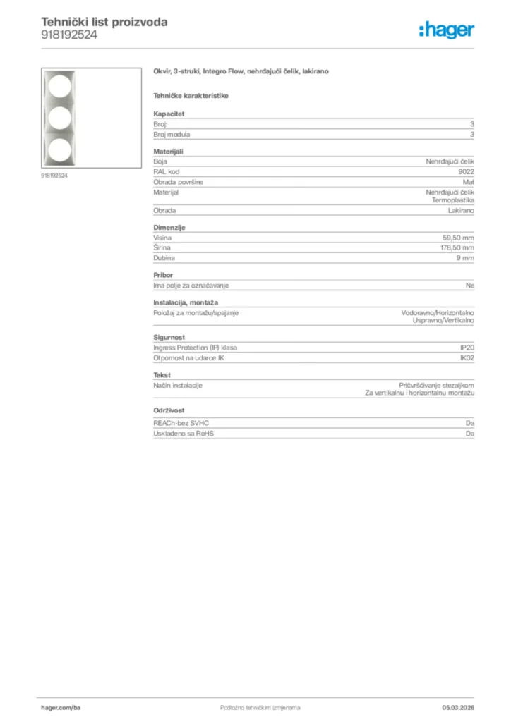 Slika Hager Tehnički list proizvoda 918192524  | Hager