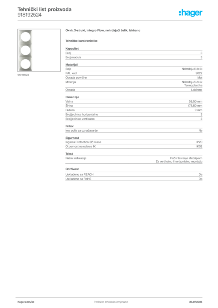 Slika Hager Product data sheet 918192524  | Hager