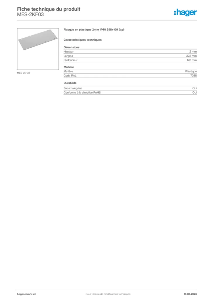 Image Hager Fiche technique du produit MES-2KF03 | Hager Suisse