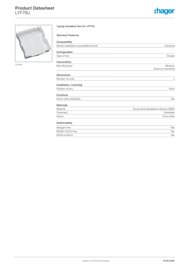 Image Hager Product data sheet LFF79U  | Hager Africa