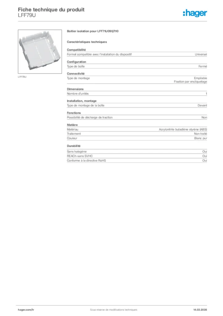 Image Hager Fiche technique du produit LFF79U | Hager France