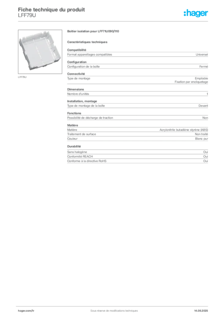 Image Hager Fiche technique du produit LFF79U | Hager France