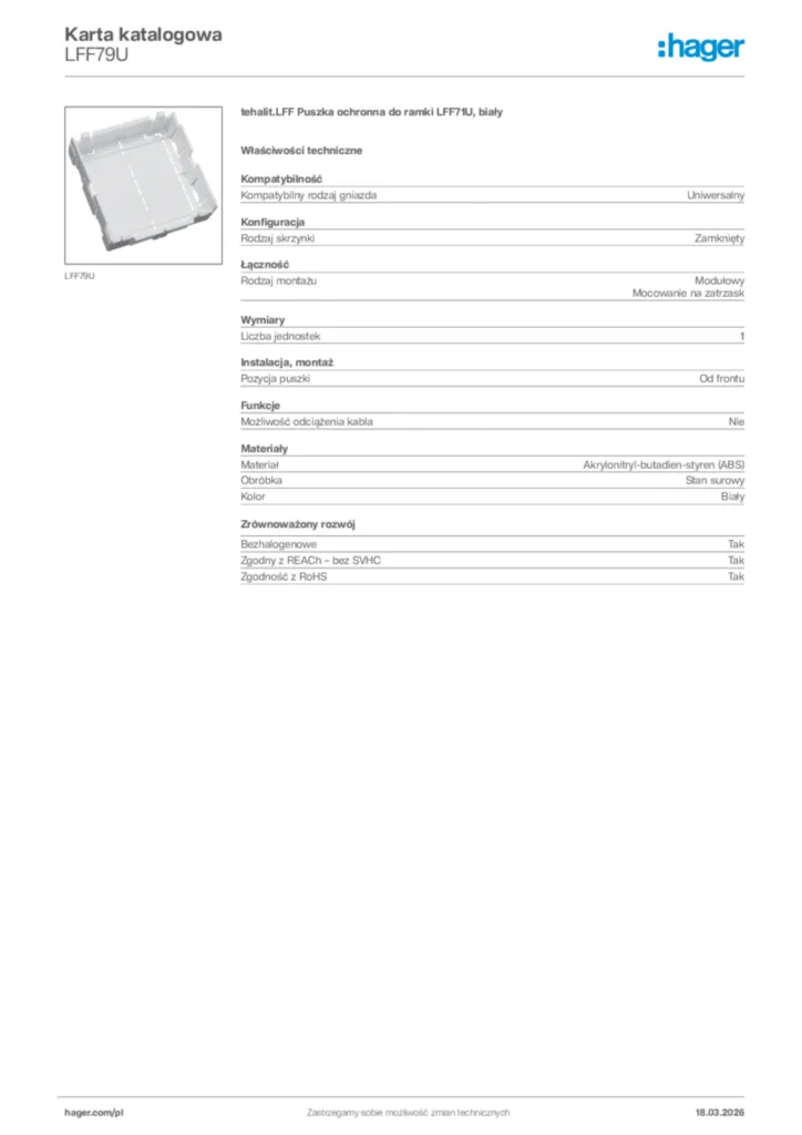 Zdjęcie Hager Karta katalogowa LFF79U | Hager Polska