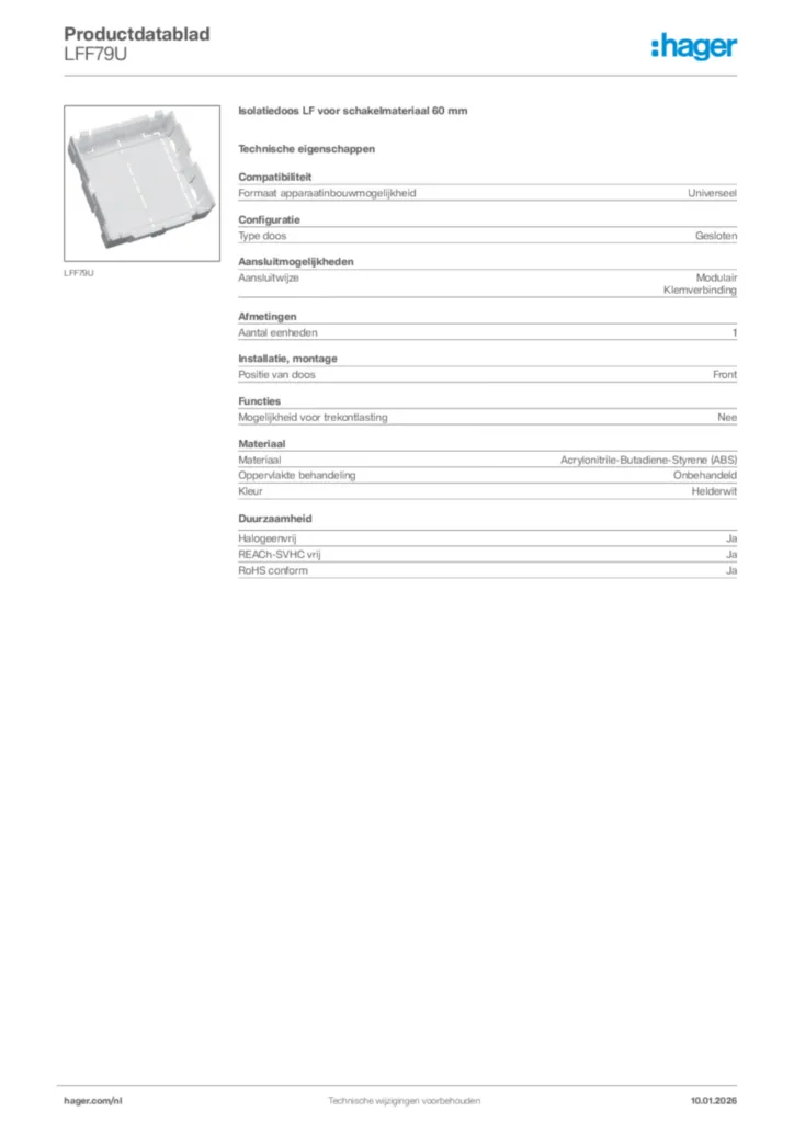 Afbeelding Hager Productdatablad LFF79U | Hager Nederland