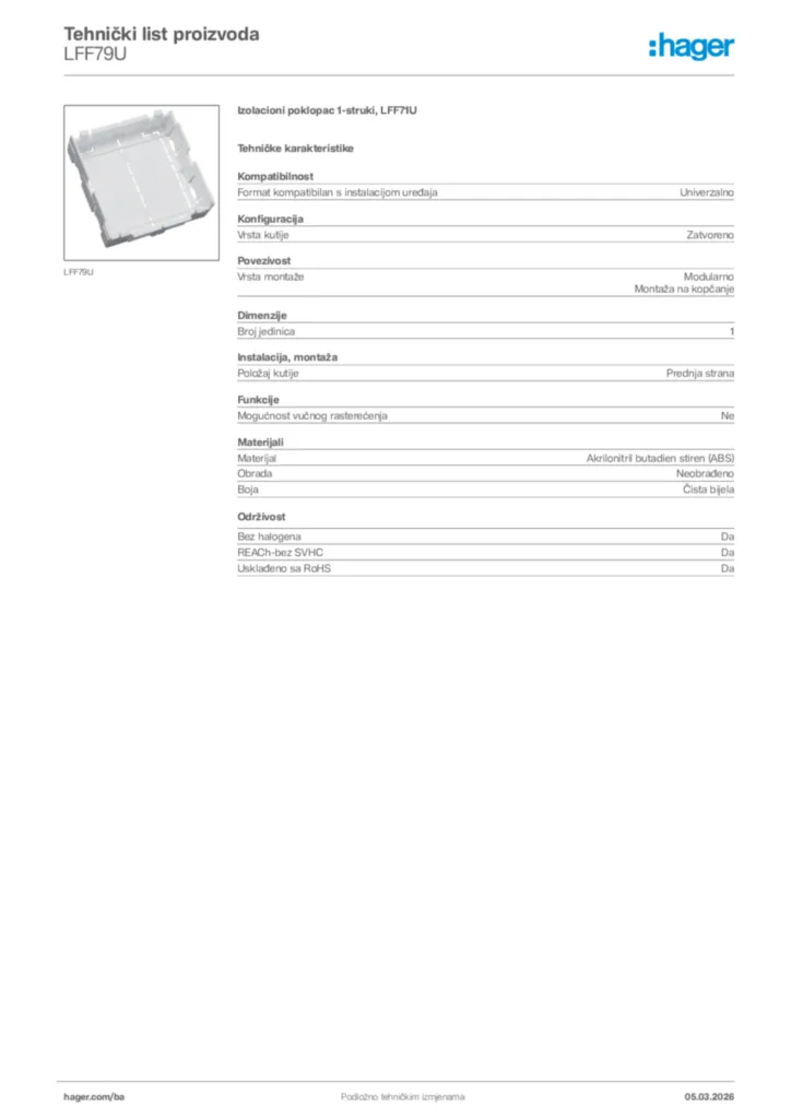 Slika Hager Tehnički list proizvoda LFF79U  | Hager