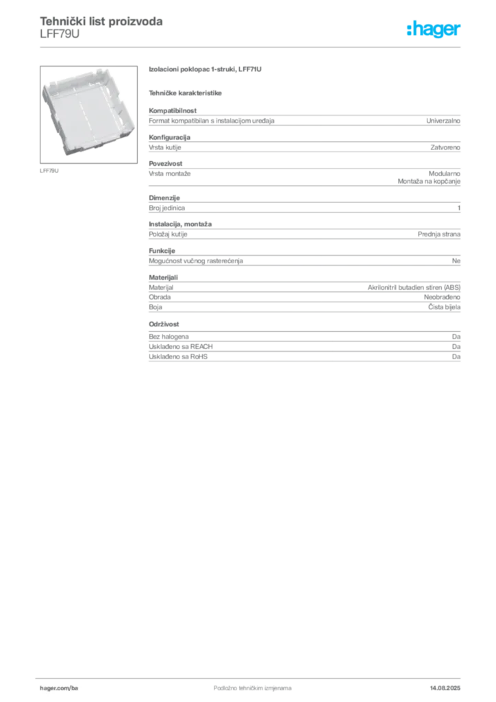 Slika Hager Product data sheet LFF79U  | Hager