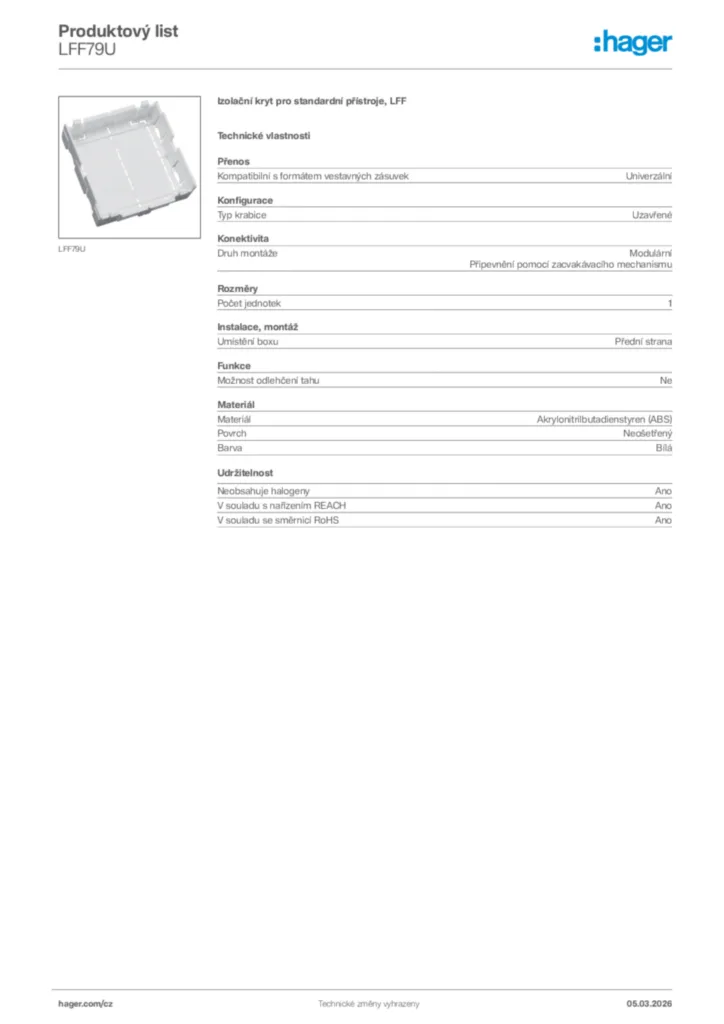 Obrázek Hager Product data sheet LFF79U | Hager