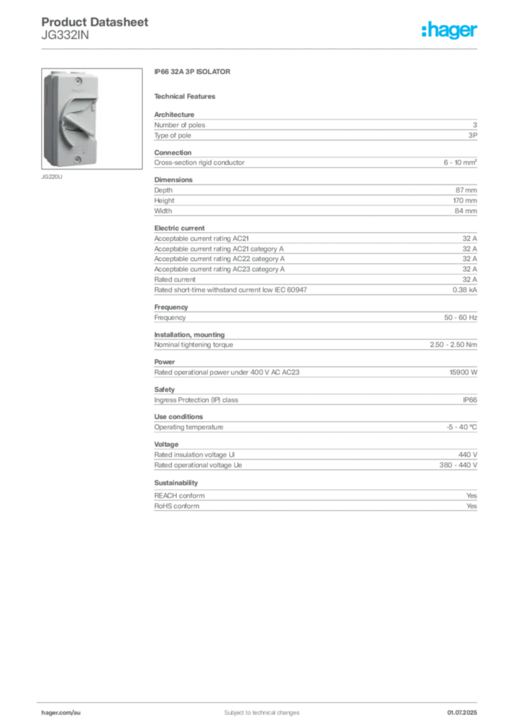 Image Hager Product data sheet JG332IN  | Hager Australia