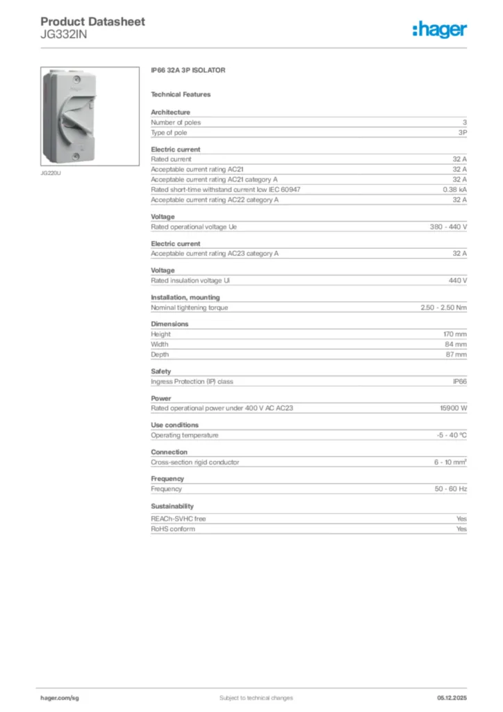Image Hager Product data sheet JG332IN  | Hager