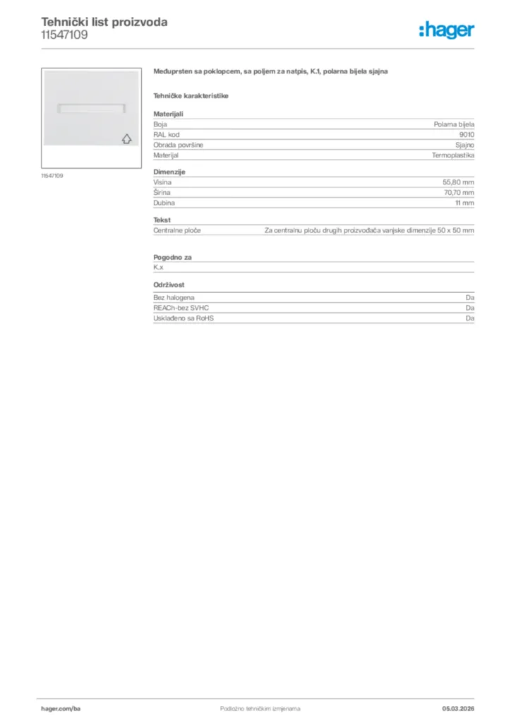 Slika Hager Tehnički list proizvoda 11547109  | Hager