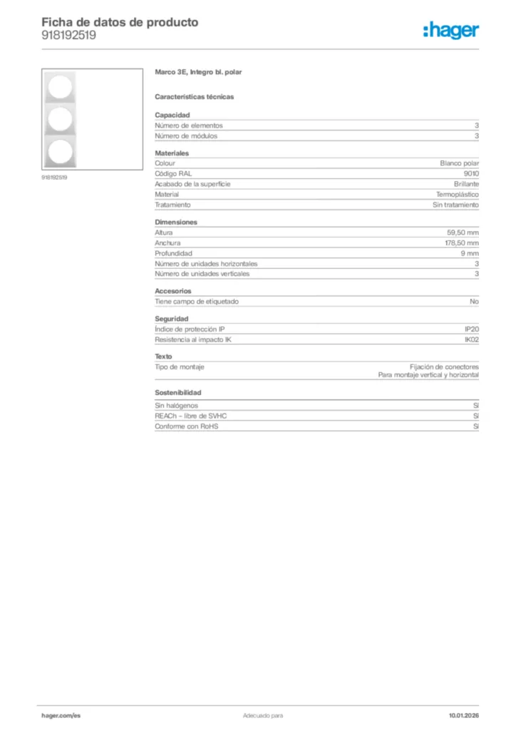Imagen Hager Ficha de datos de producto 918192519 | Hager España