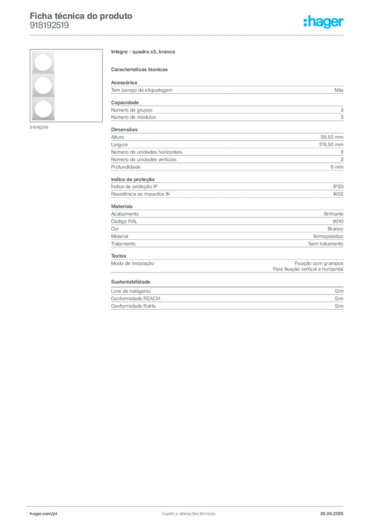 Imagem Hager Ficha técnica do produto 918192519 | Hager Portugal