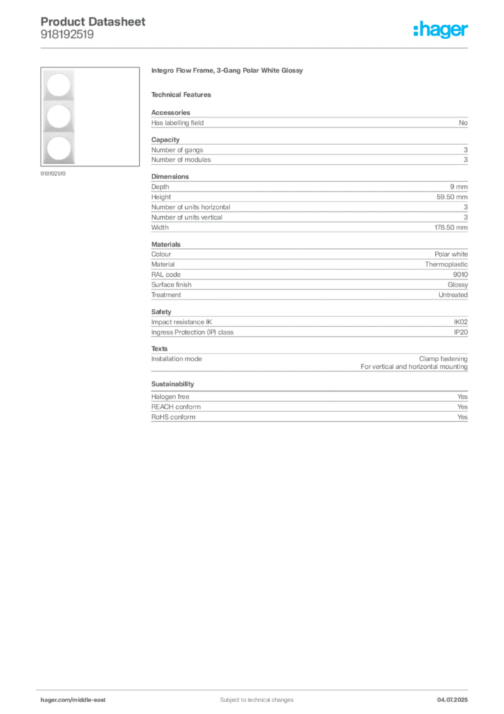 Image Hager Product data sheet 918192519  | Hager