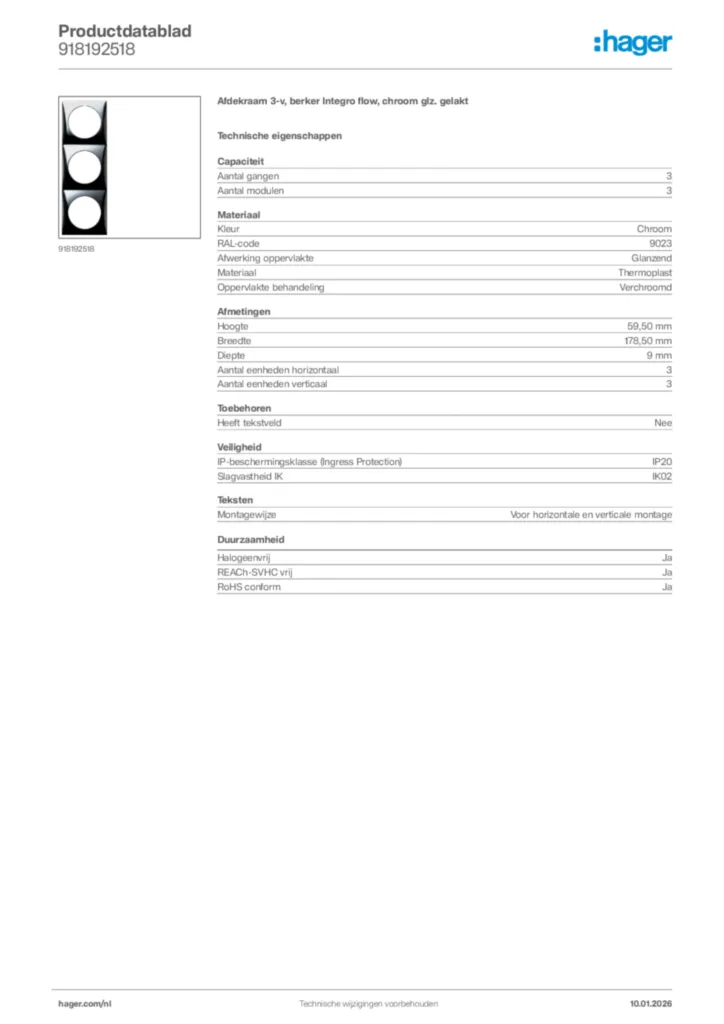 Afbeelding Hager Productdatablad 918192518 | Hager Nederland