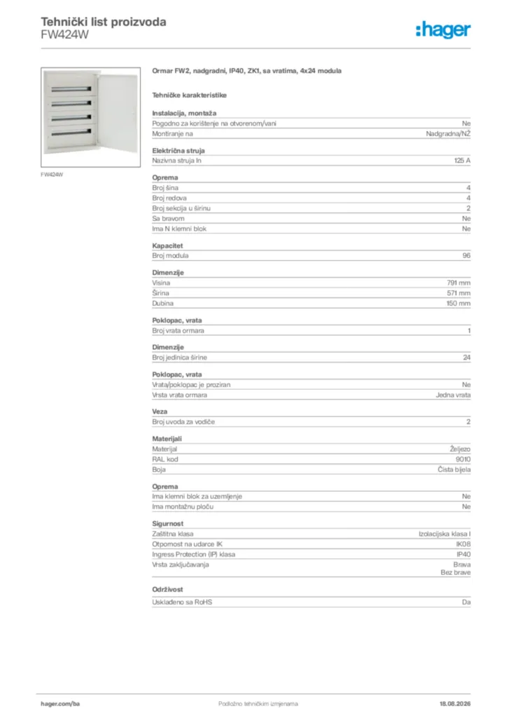 Slika Hager Tehnički list proizvoda FW424W  | Hager