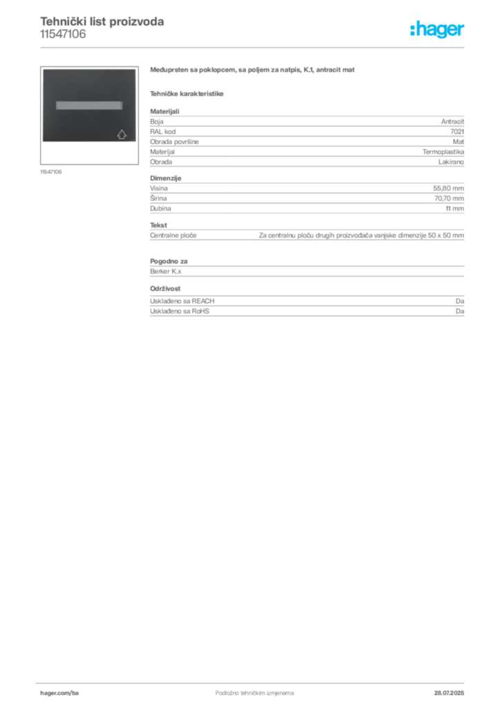 Slika Hager Product data sheet 11547106  | Hager