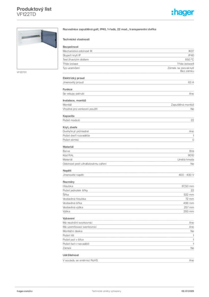 Obrázek Hager Produktový list VF122TD | Hager