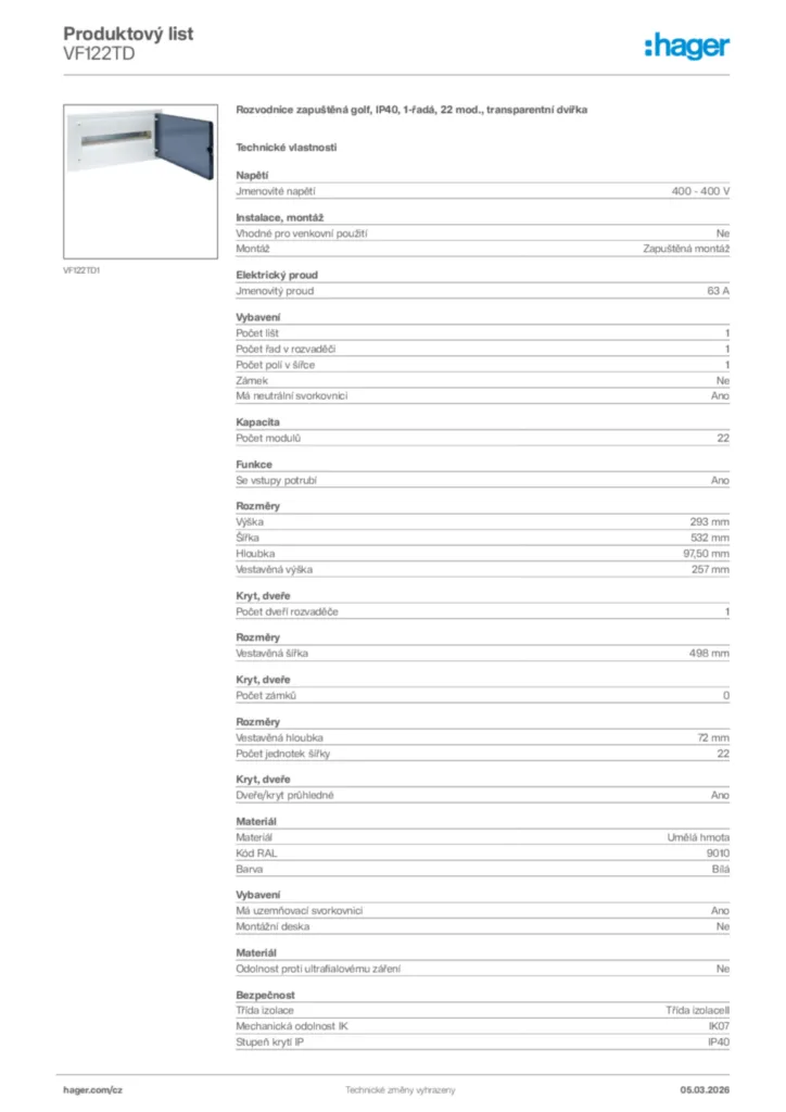 Obrázek Hager Product data sheet VF122TD | Hager