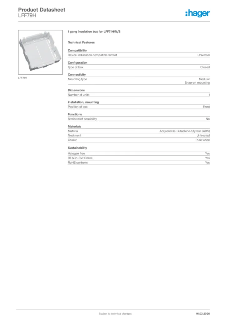 Image Hager Product data sheet LFF79H  | Hager Africa
