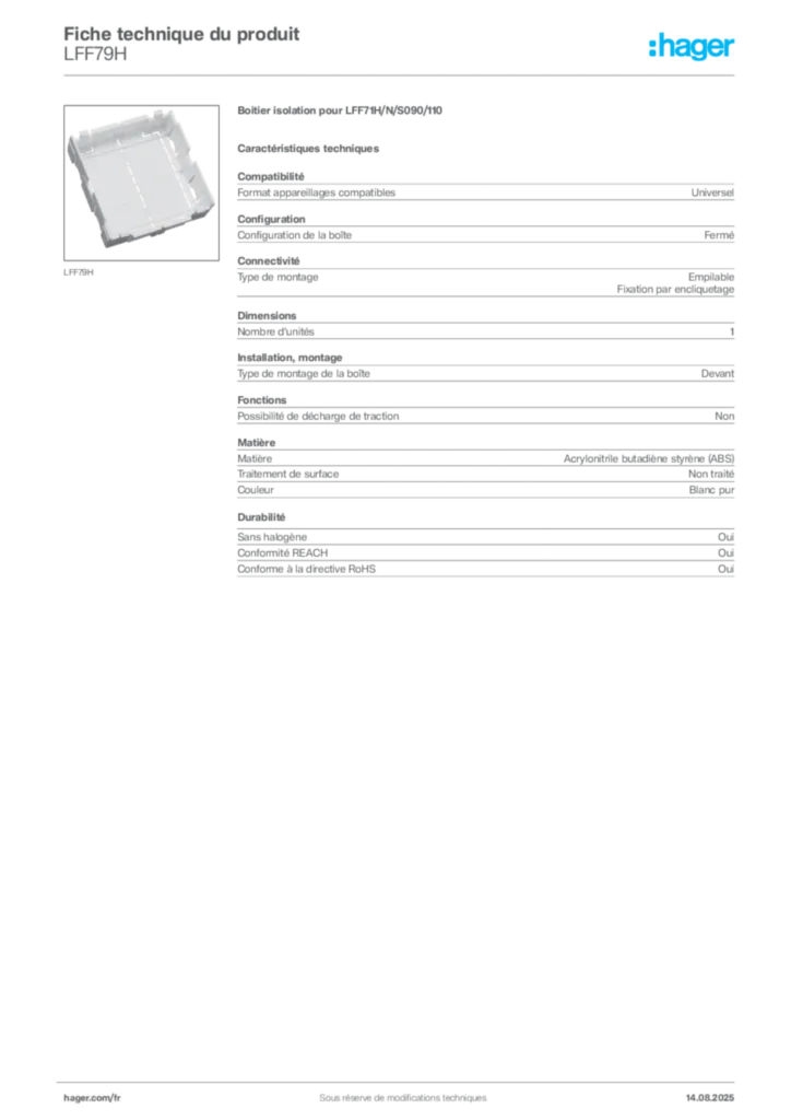 Image Hager Fiche technique du produit LFF79H | Hager France