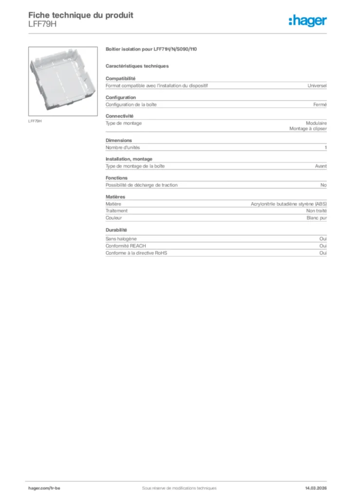 Image Hager Fiche technique du produit LFF79H | Hager Belgique