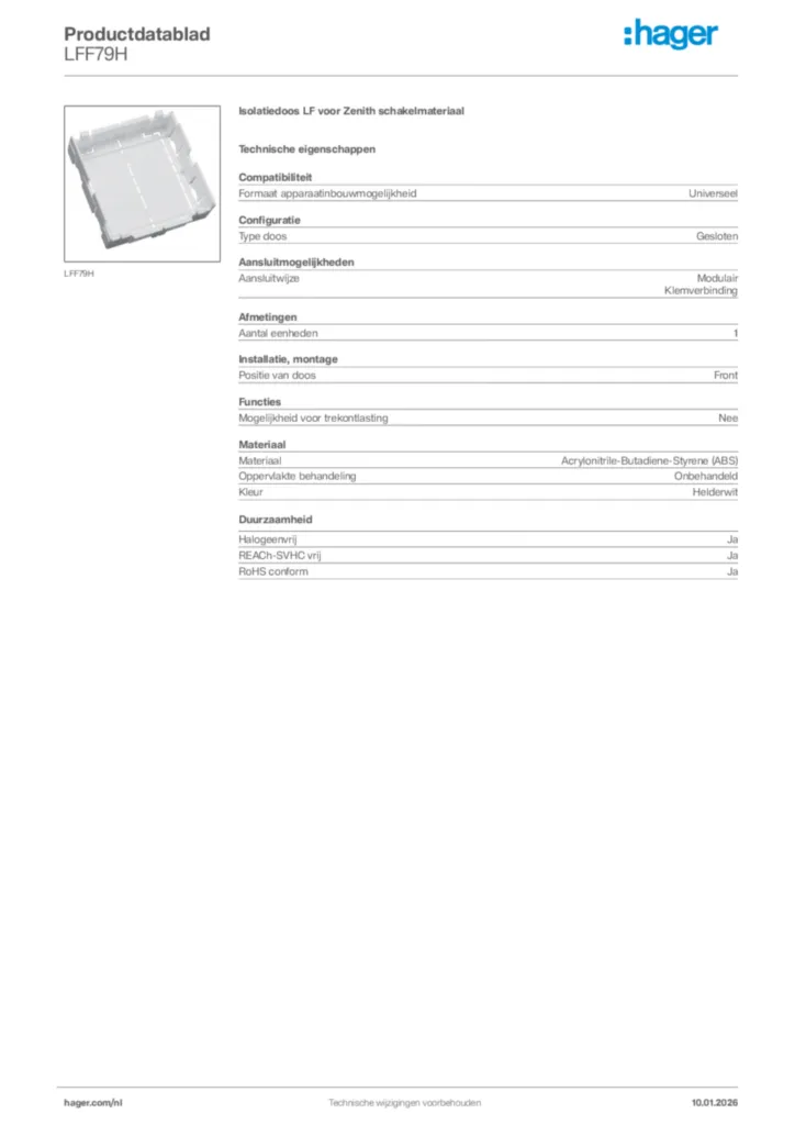 Afbeelding Hager Productdatablad LFF79H | Hager Nederland