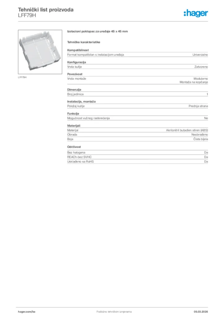 Slika Hager Tehnički list proizvoda LFF79H  | Hager