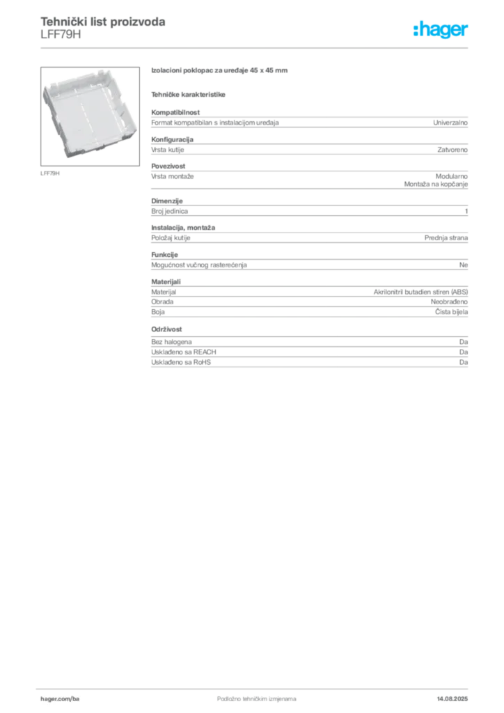Slika Hager Product data sheet LFF79H  | Hager