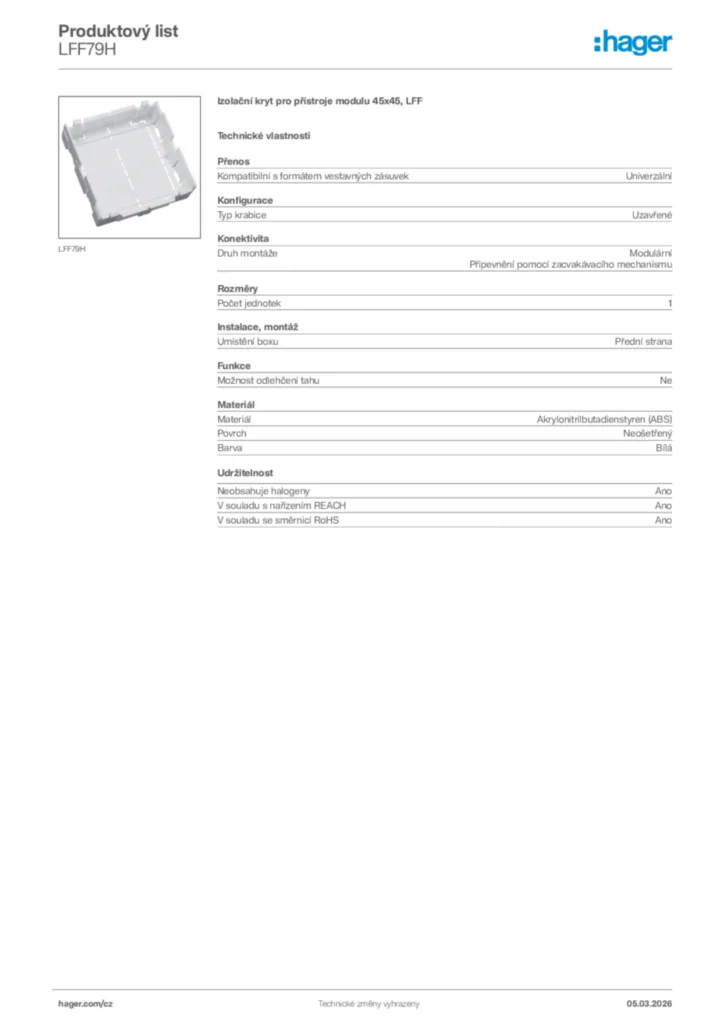 Obrázek Hager Product data sheet LFF79H | Hager