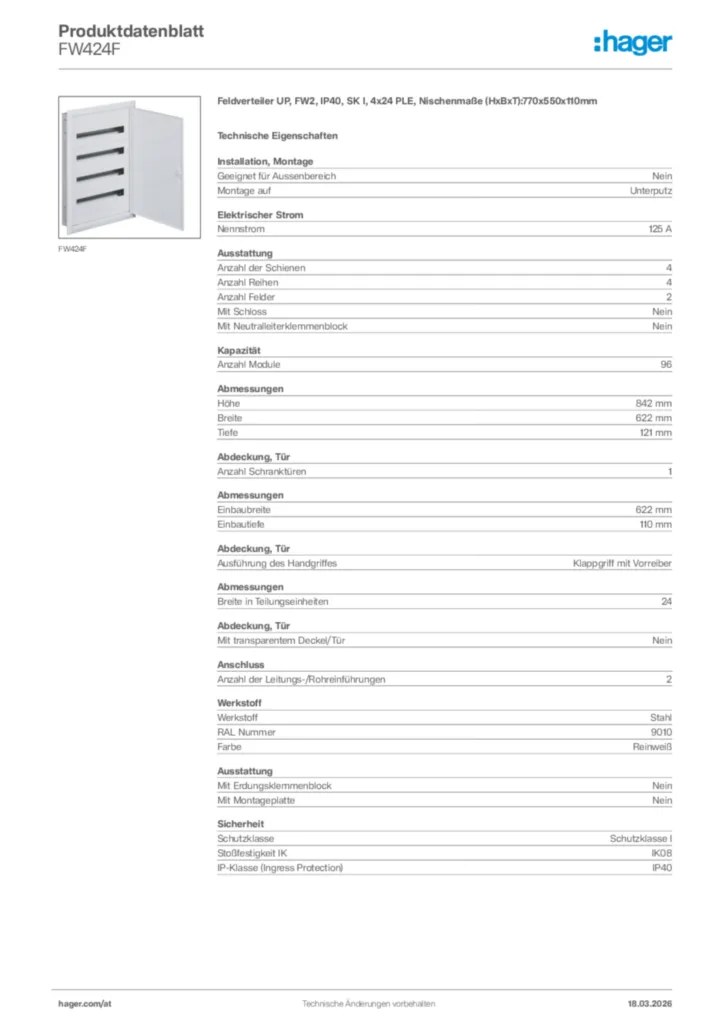 Bild Hager Produktdatenblatt FW424F | Hager Deutschland