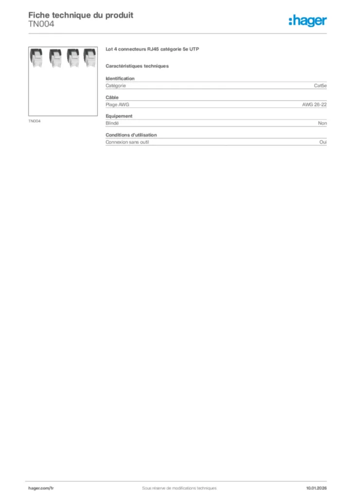 Image Hager Fiche technique du produit TN004 | Hager France
