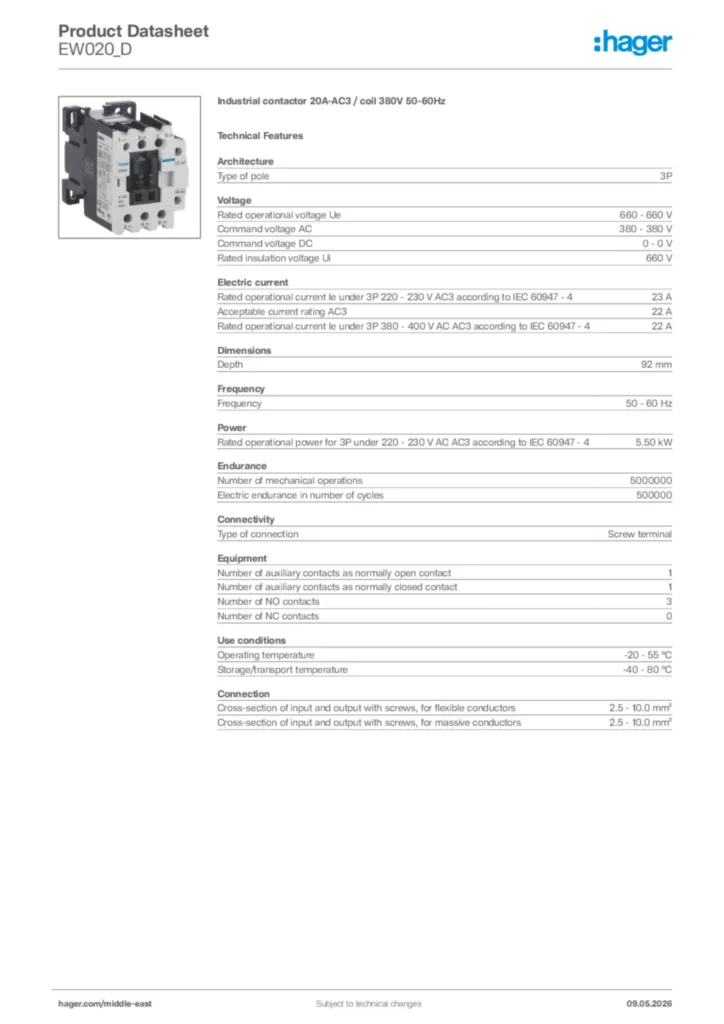 Image Hager Product data sheet EW020_D  | Hager