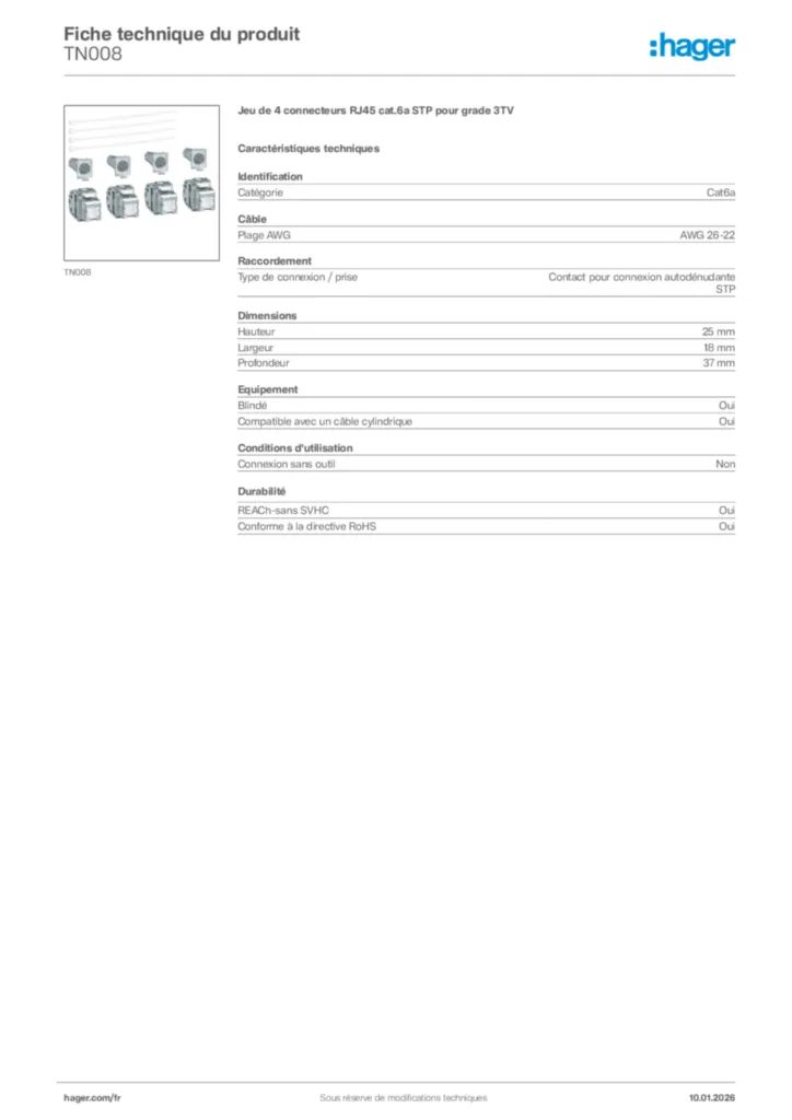 Image Hager Fiche technique du produit TN008 | Hager France