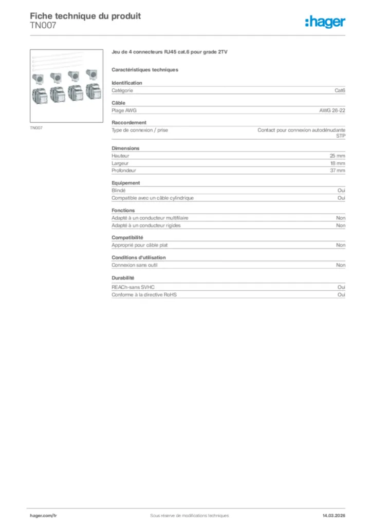Image Hager Fiche technique du produit TN007 | Hager France