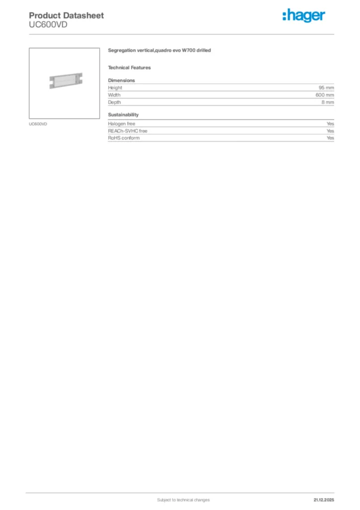 Image Hager Product data sheet UC600VD  | Hager Africa