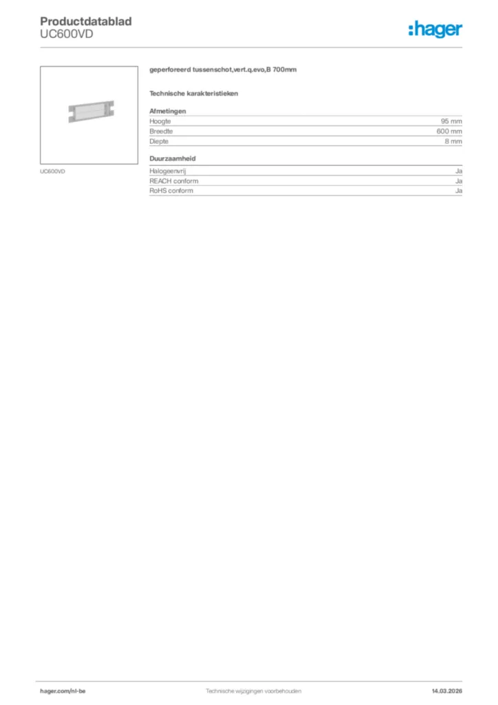 Afbeelding Hager Productdatablad UC600VD | Hager Belgium