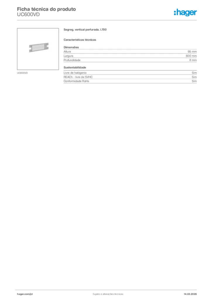 Imagem Hager Ficha técnica do produto UC600VD | Hager Portugal