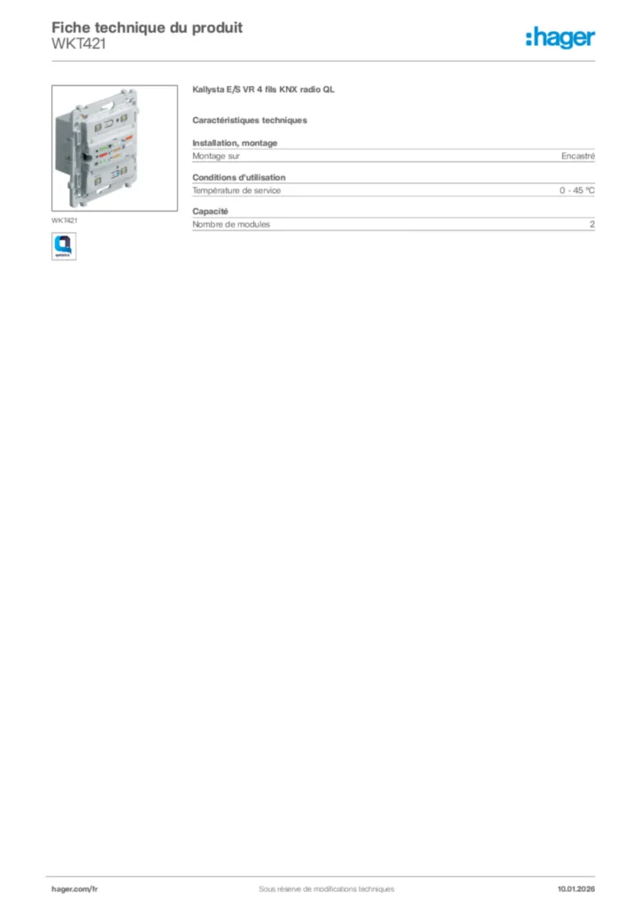 Image Hager Fiche technique du produit WKT421 | Hager France