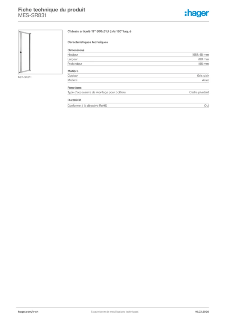 Image Hager Fiche technique du produit MES-SR831 | Hager Suisse